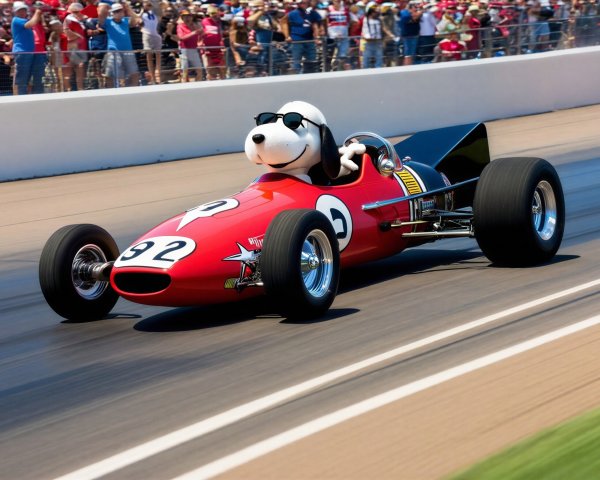 Snoopy as a Race Car Driver in a Red Race Car