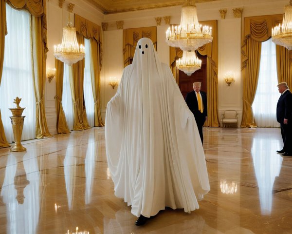 Opulent Room with Ghostly Figure and Observers
