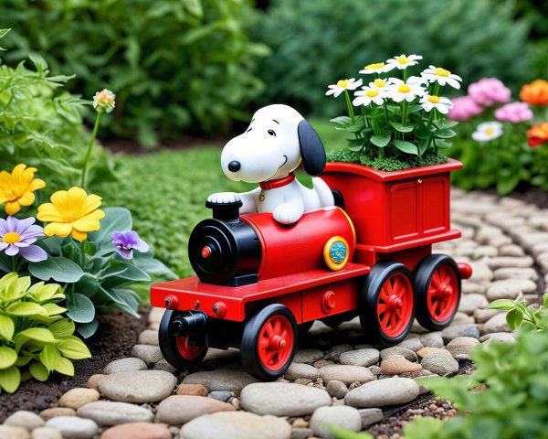 Cheerful toy train with cartoon dog and vibrant flowers
