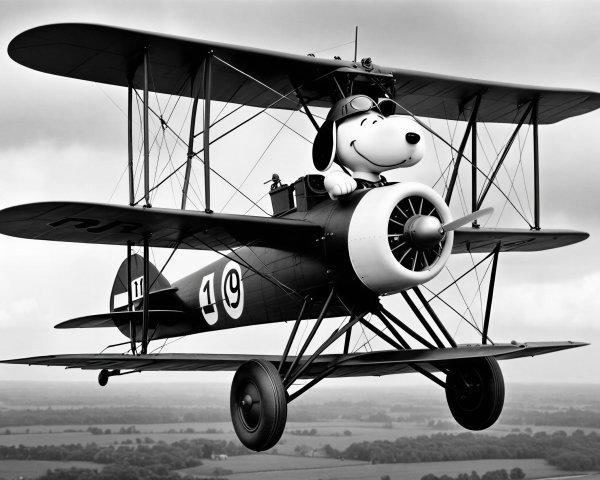 Whimsical Illustration of a Dog in a Biplane