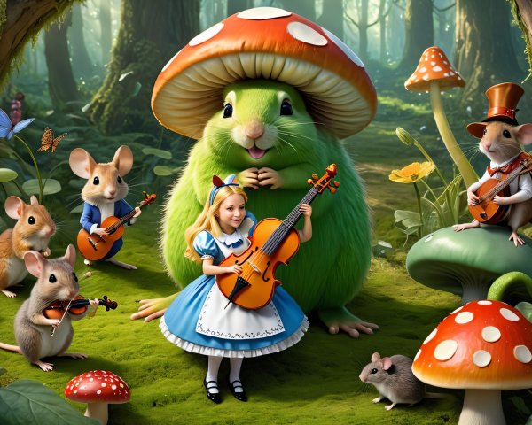 Whimsical Forest Scene with Girl and Musical Mice