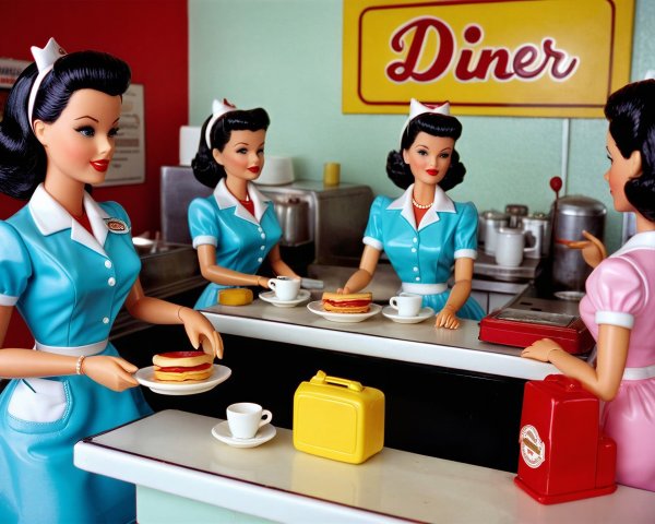 Retro Diner Scene with Stylish Dolls and Decor