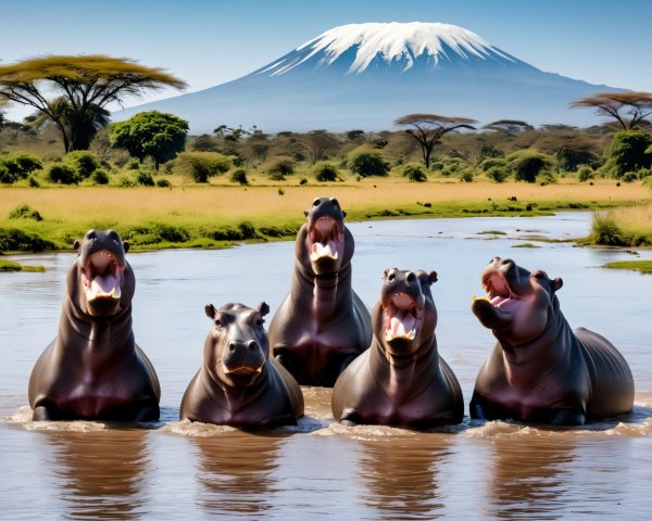 Five Hippos in River with Snow-Capped Mountain Background