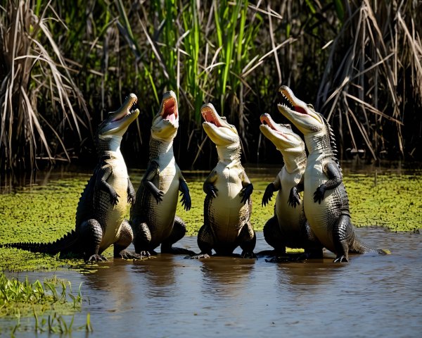Crocodiles in Wetland Habitat with Natural Elements