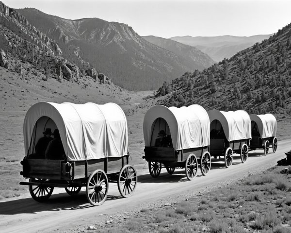 Vintage Covered Wagons on Dusty Road with Mountains