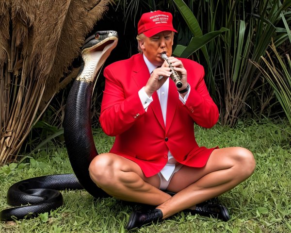 Man in Red Suit Playing Flute with Snake in Greenery