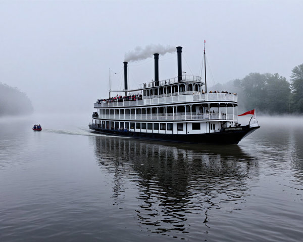 Steamboat on Misty River with Smokestacks and Passengers