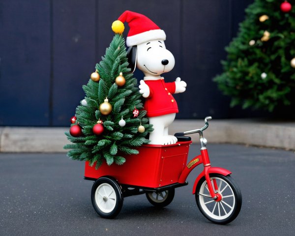 Snoopy on a tricycle with Christmas trees outdoors