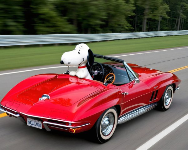 Snoopy in a Red Convertible on a Fast-Paced Road
