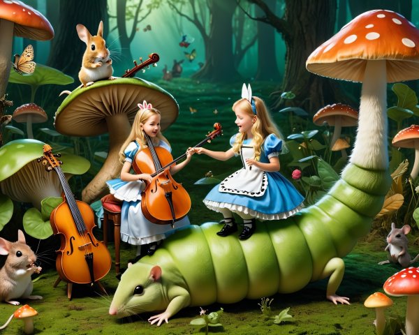 Whimsical Forest Scene with Girls Playing Music