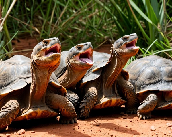 Tortoises Basking on Red Soil with Green Grass Backdrop
