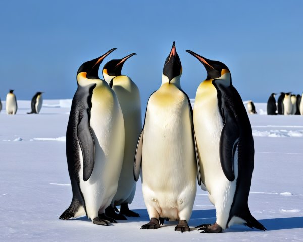 Emperor Penguins on Snowy Landscape Under Blue Sky