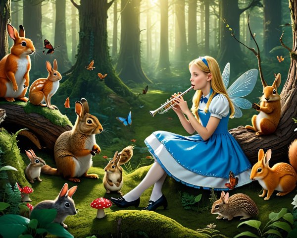Young Girl Playing Flute in Enchanted Forest Setting
