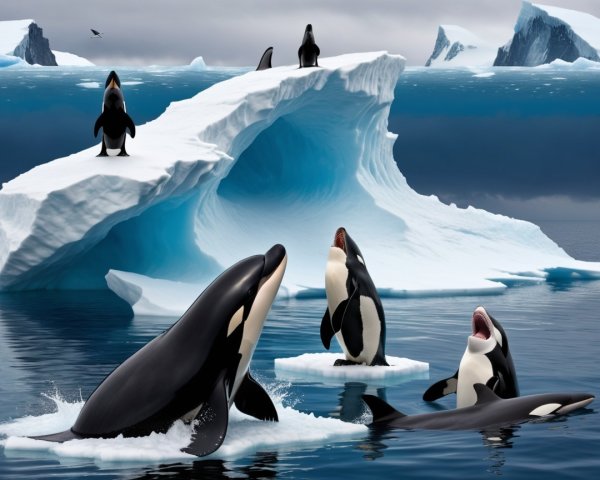 Orcas and Penguins in Arctic Ice Landscape