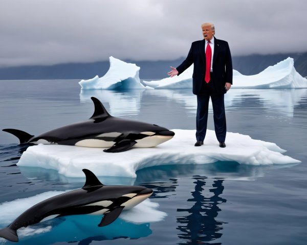 Surreal Scene of Ice Floe with Orcas and Man in Suit