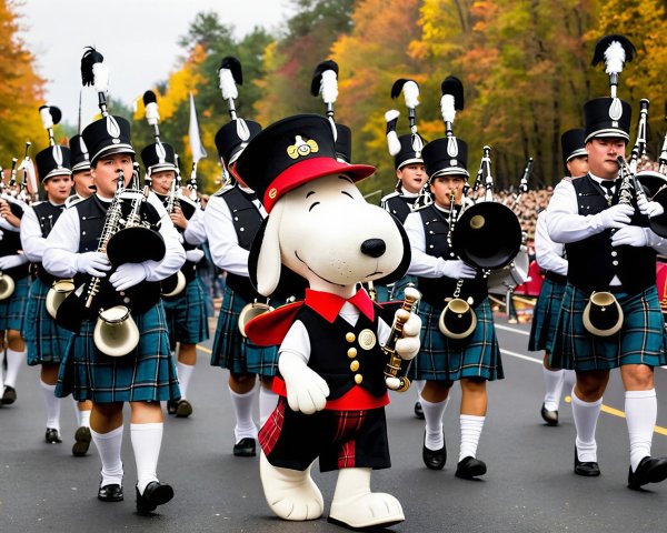 Marching Band in White and Black Attire with Mascot