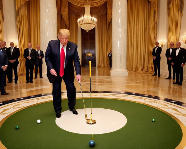 Man in Suit Puts Golf Ball in Lavishly Decorated Room