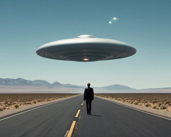 Man in Suit Walking Towards Silver UFO in Desert