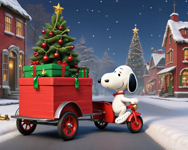 Snoopy on Tricycle with Christmas Tree and Presents