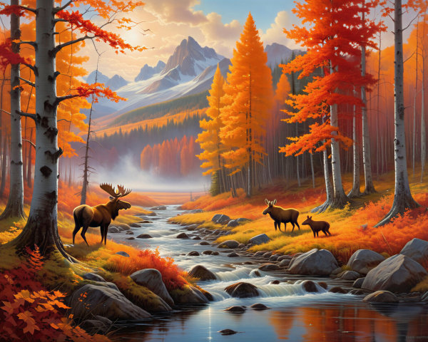 Autumn Landscape with River, Trees, and Wildlife
