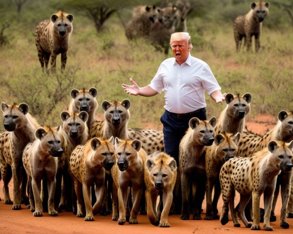 Surreal Scene of Man and Hyenas in Desert Landscape