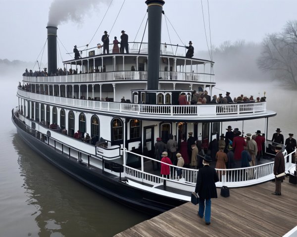 Majestic Steamboat at Misty Riverside with Crowd