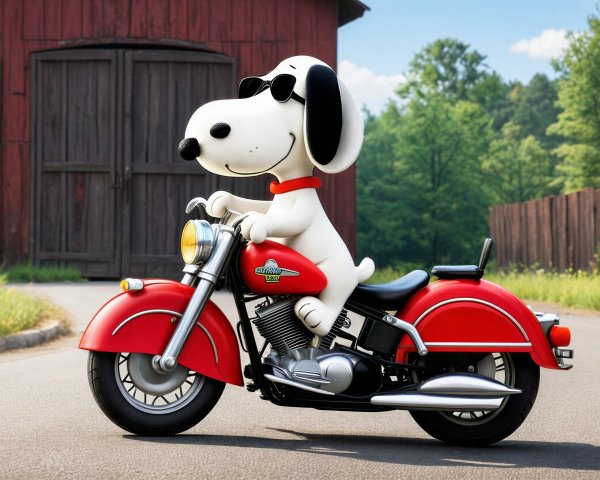 Cartoon Dog on Motorcycle with Rustic Barn Background