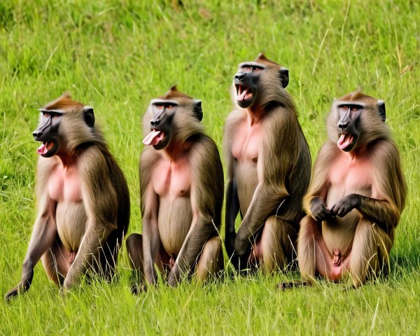 Group of Four Playful Baboons in Grassy Area