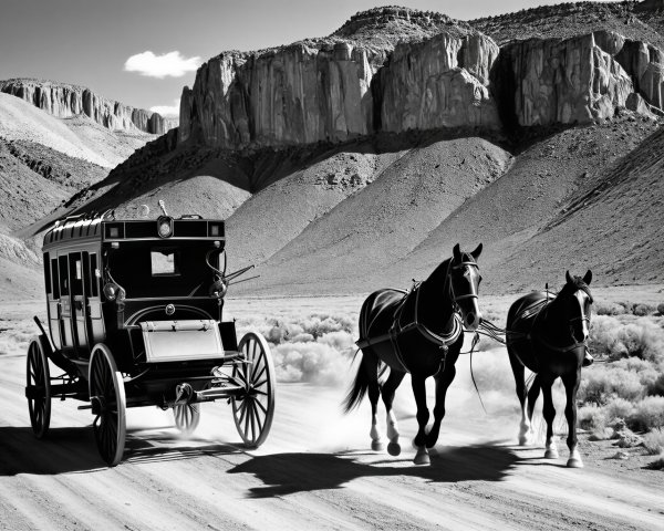 Vintage Horse-Drawn Carriage in Black-and-White Landscape