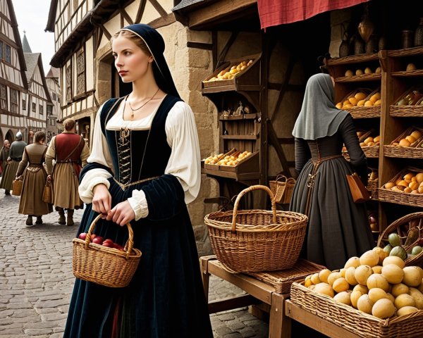 Medieval Marketplace with Women and Fresh Produce