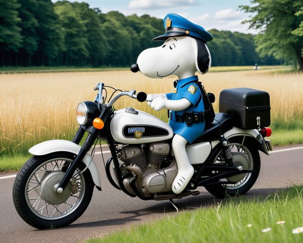 Cartoon Dog Police Officer on Motorcycle in Rural Setting