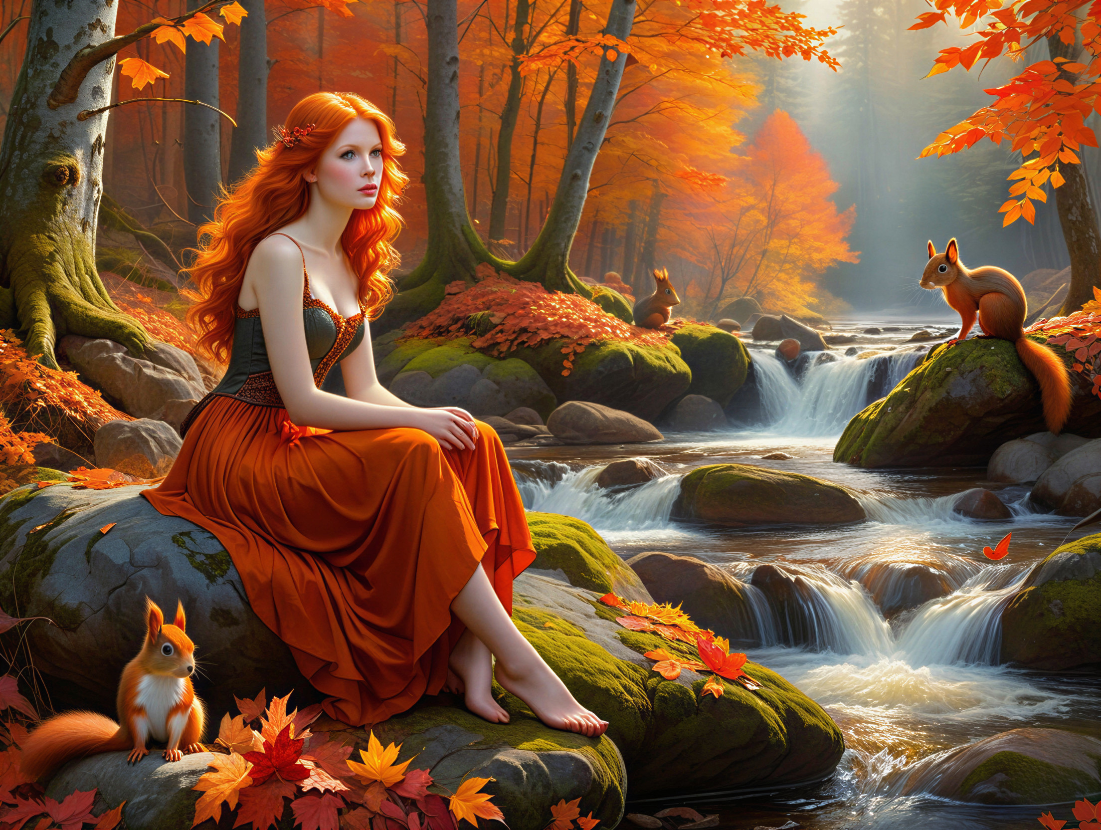 Autumn Scene with Young Woman in Orange Gown
