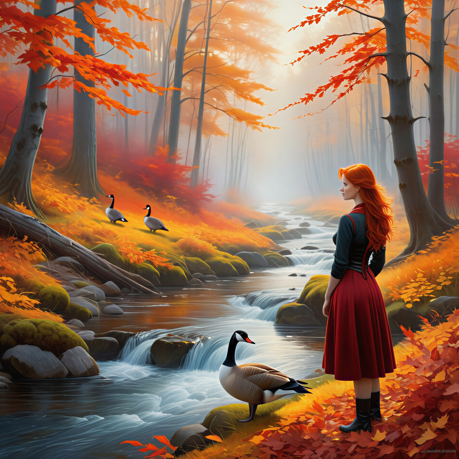 Autumn Landscape with Woman by a Babbling Stream