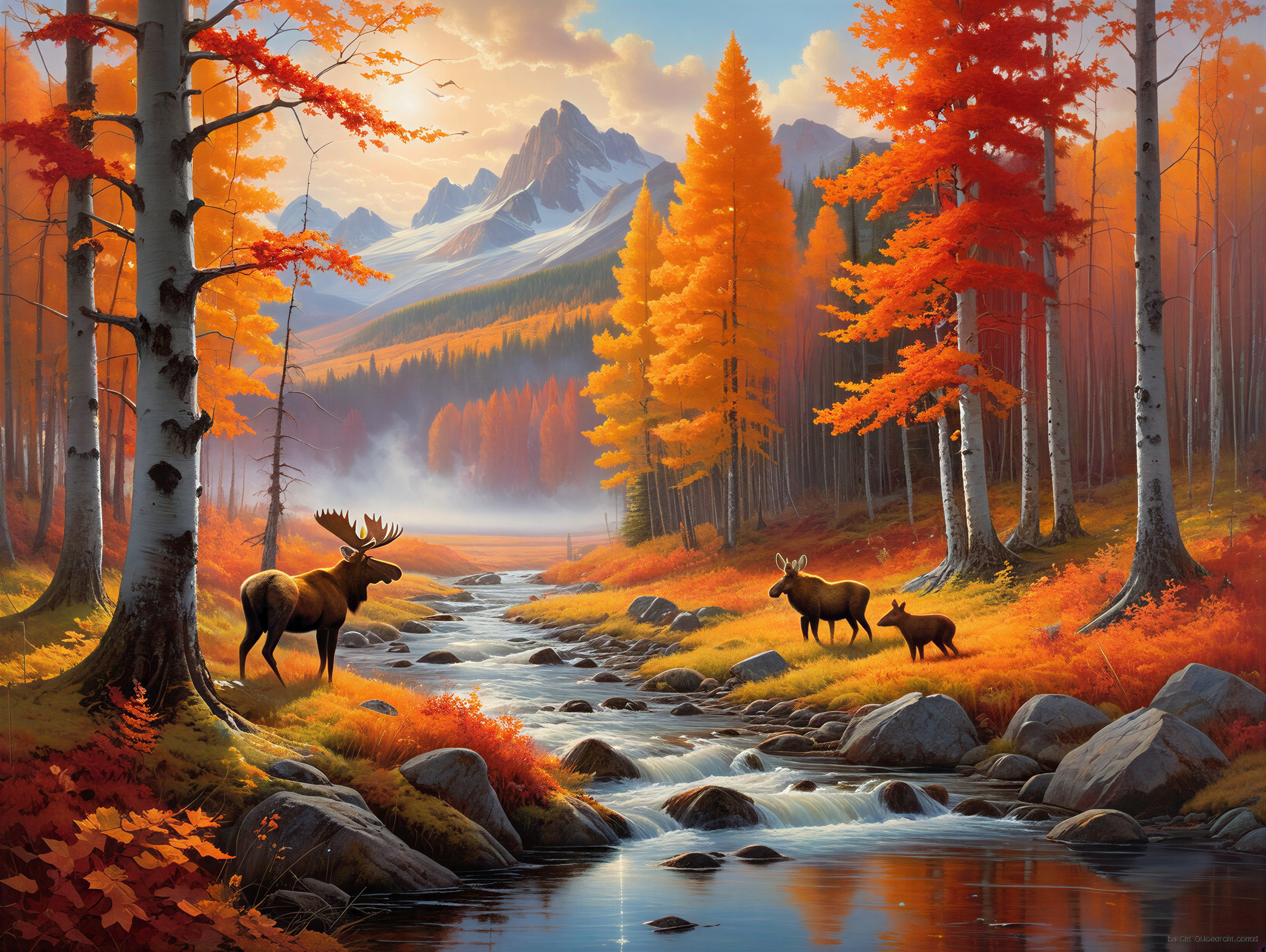 Autumn Landscape with Stream and Moose in Foliage