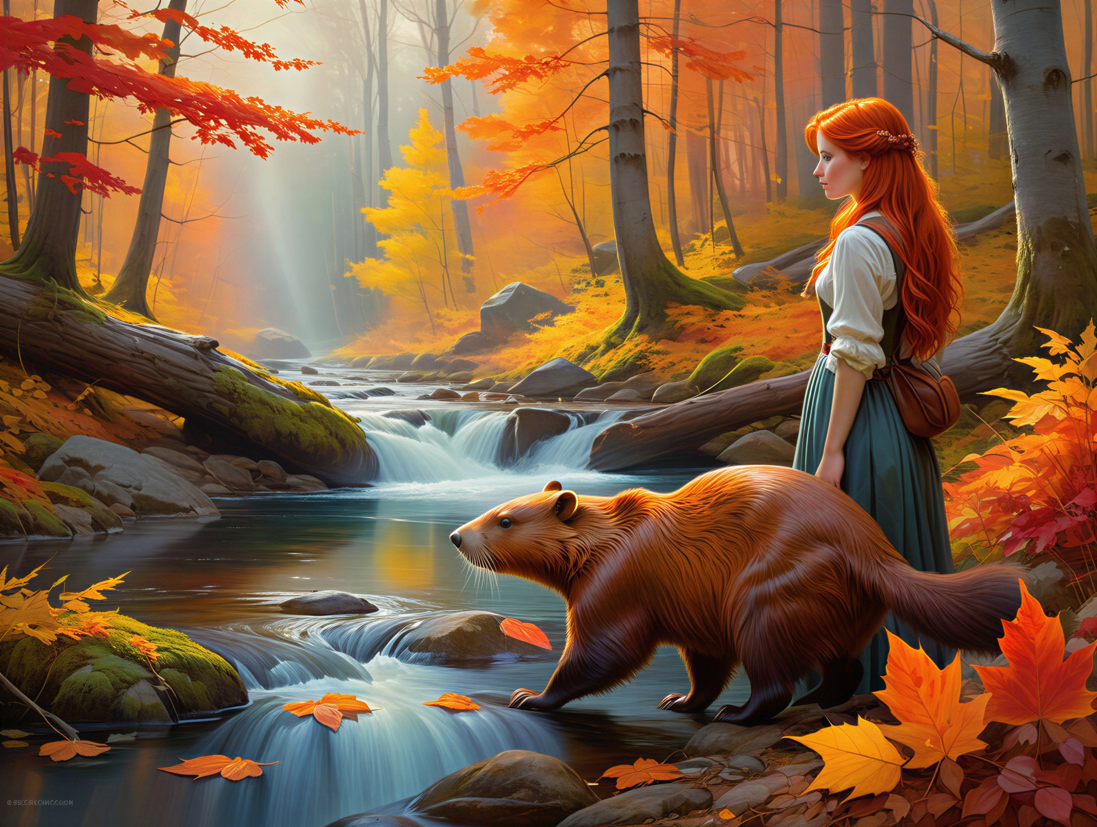 Autumn Forest Scene with Woman and Beaver by Stream