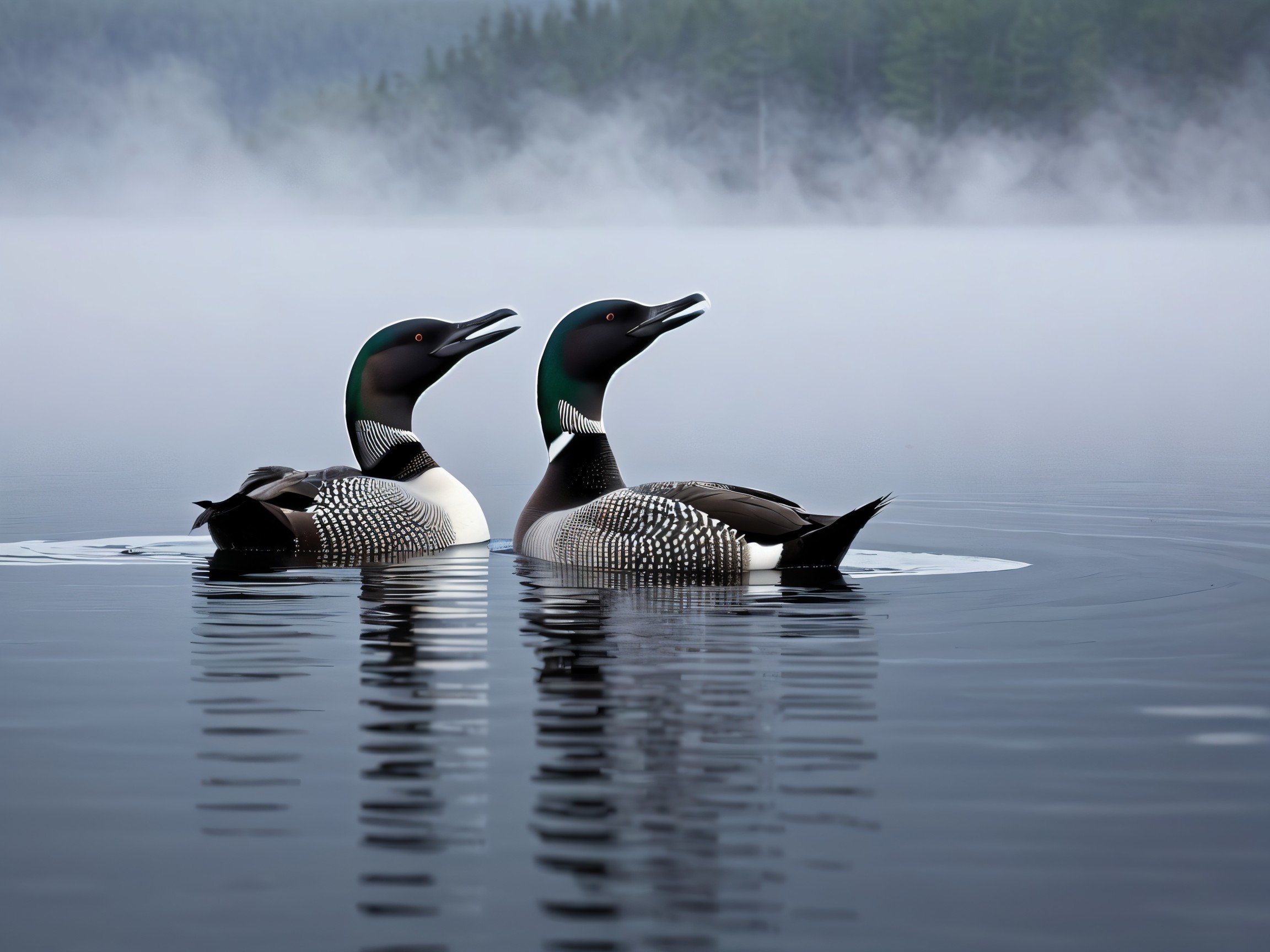 Elegant loons on a misty, serene lake at dawn