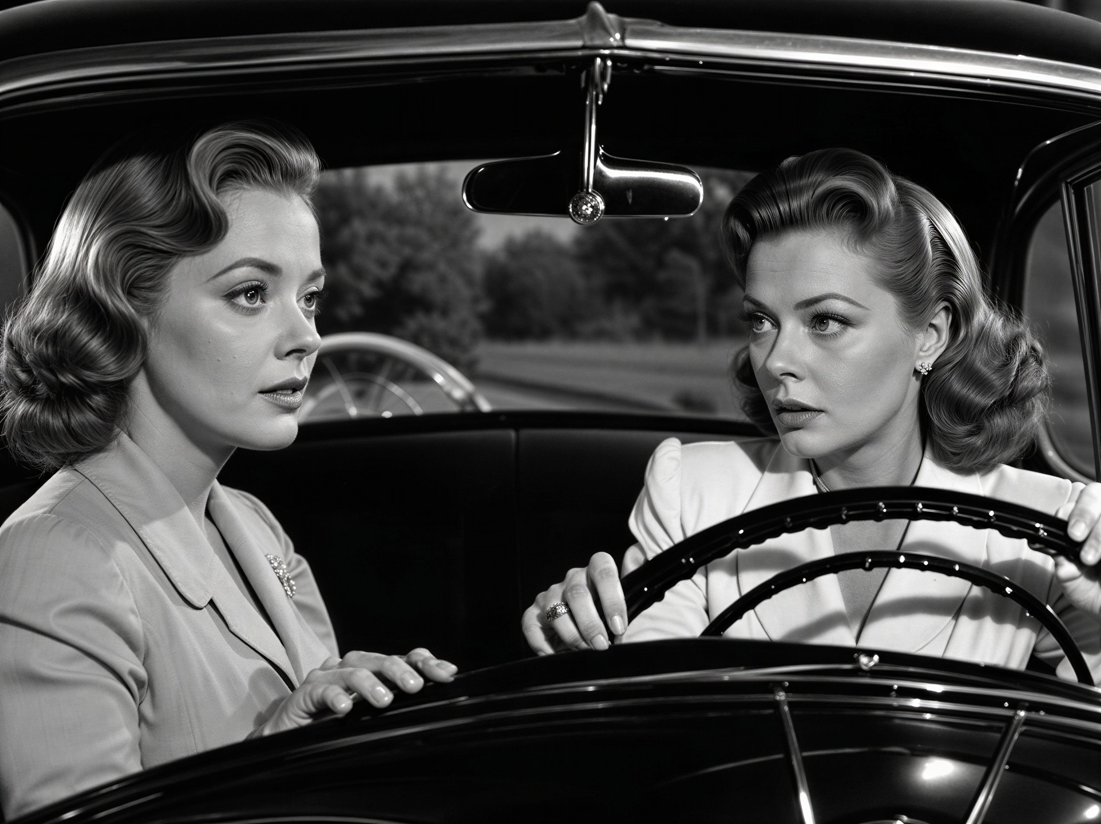Stylish Women in Classic Car Captured in Black and White