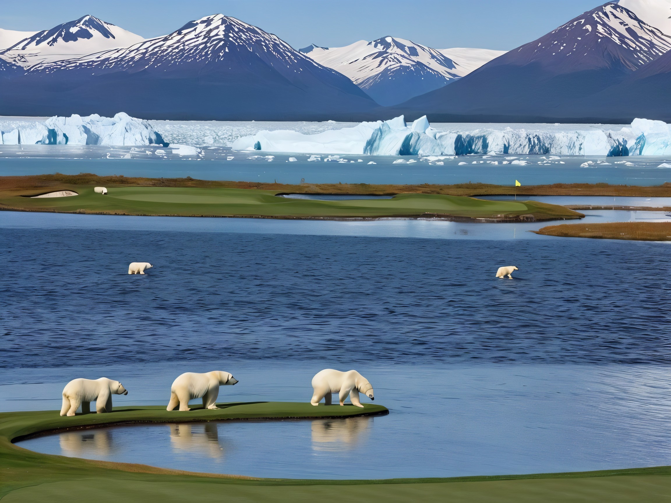 Tranquil Golf Course with Polar Bears and Mountains