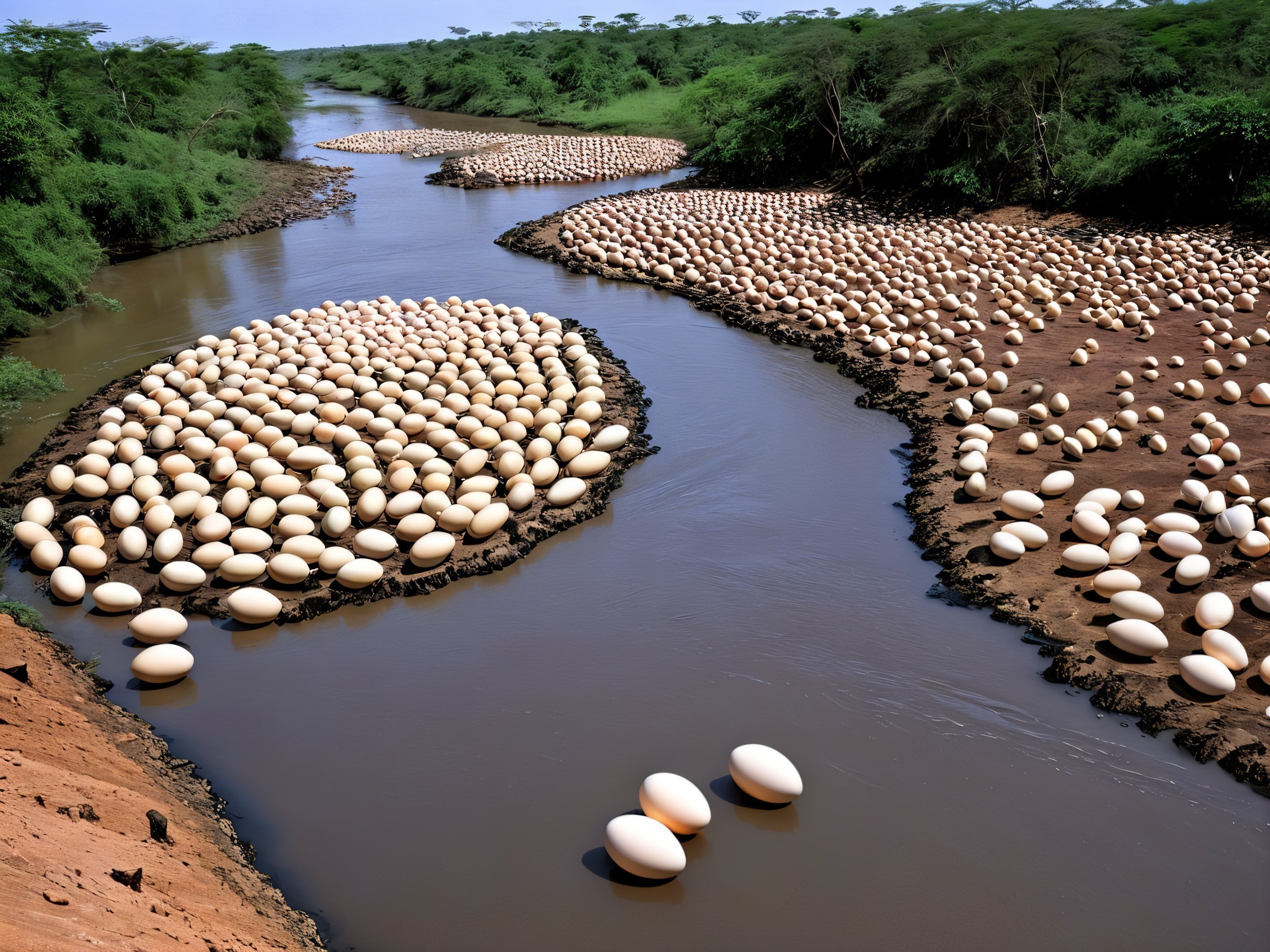 River with Pale Eggs in Lush Green Landscape