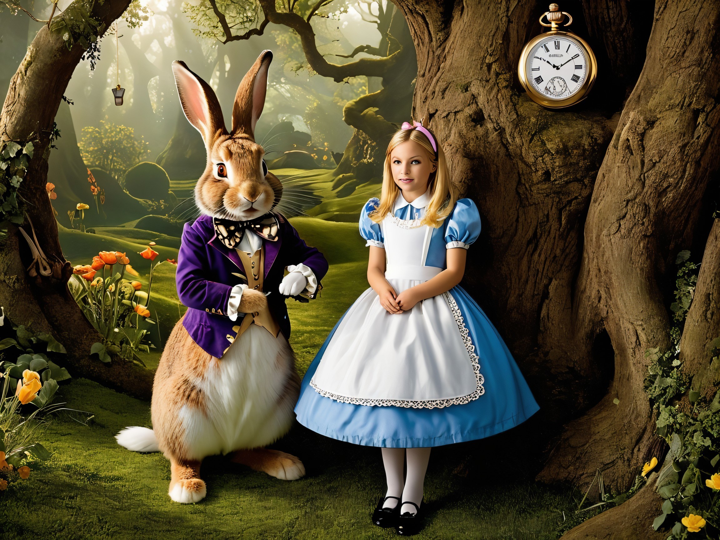 Rabbit in Purple Jacket with Girl in Blue Dress