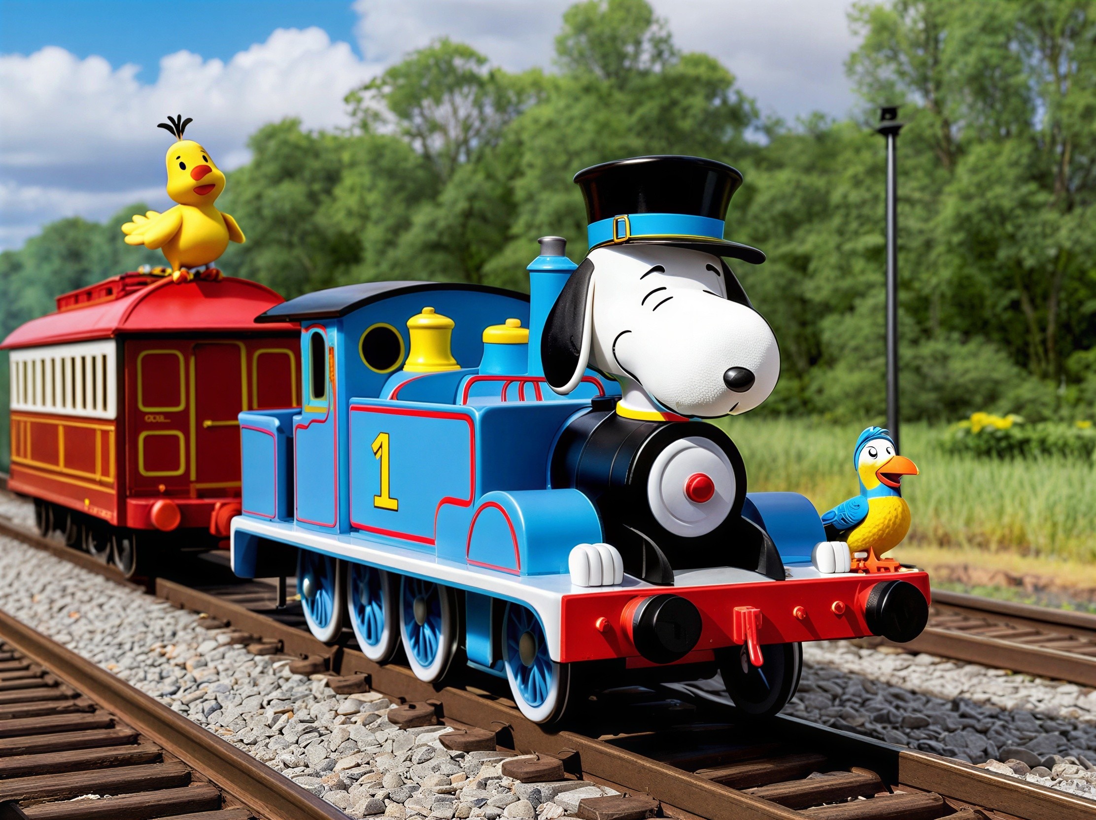 Whimsical Train Scene with Cartoon Animals and Nature
