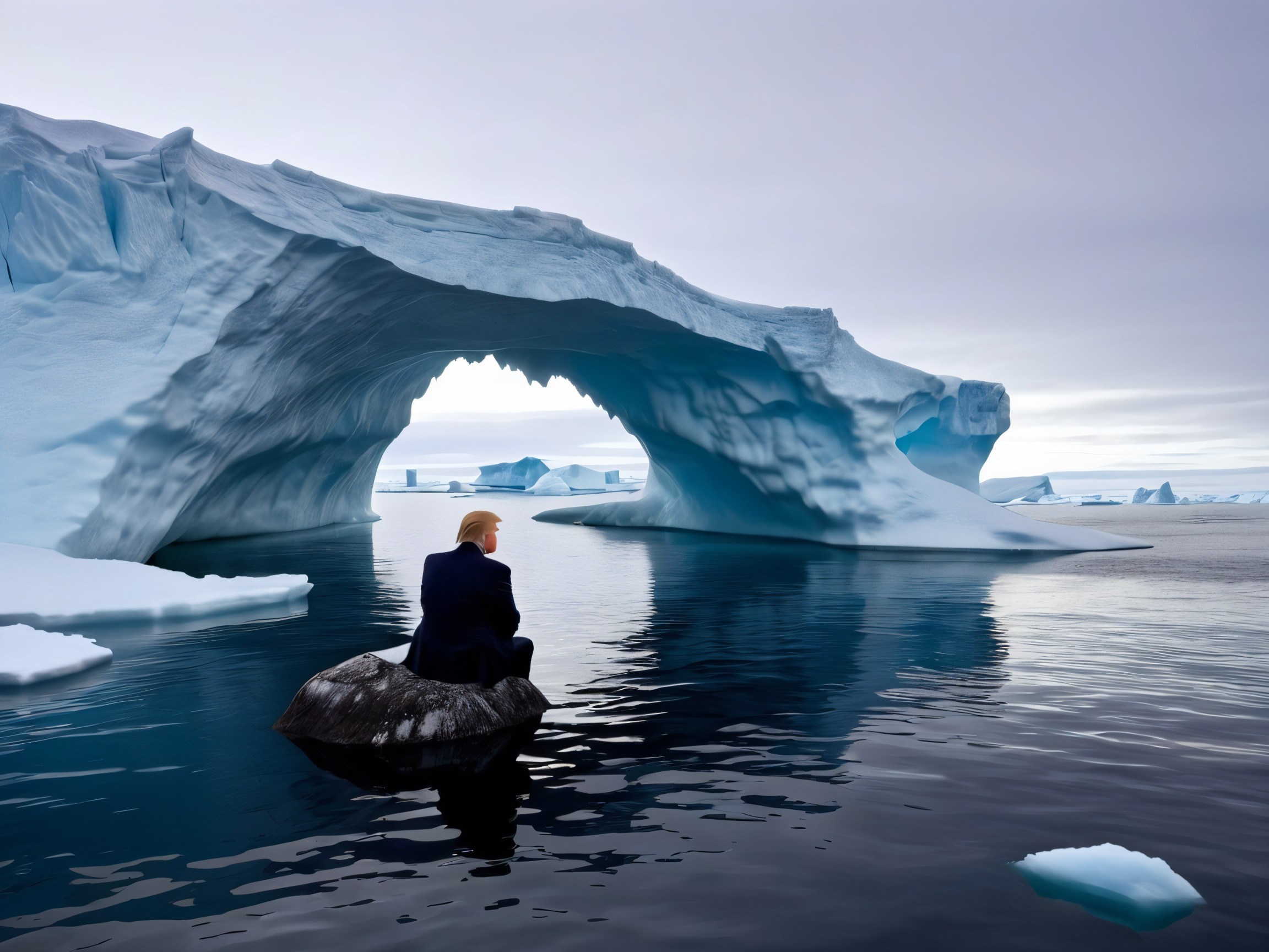 Pensive Figure Amidst Ice Formations and Water