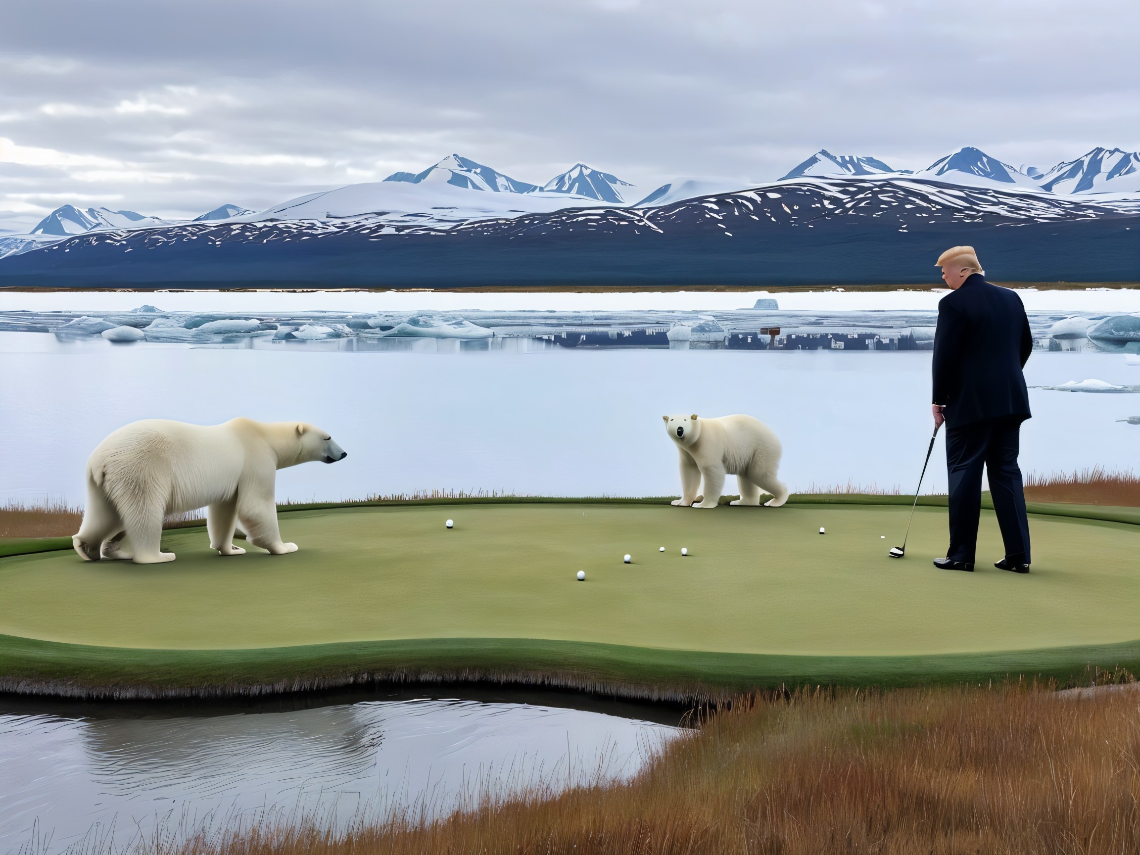 Surreal Golf Scene with Polar Bears and Mountains