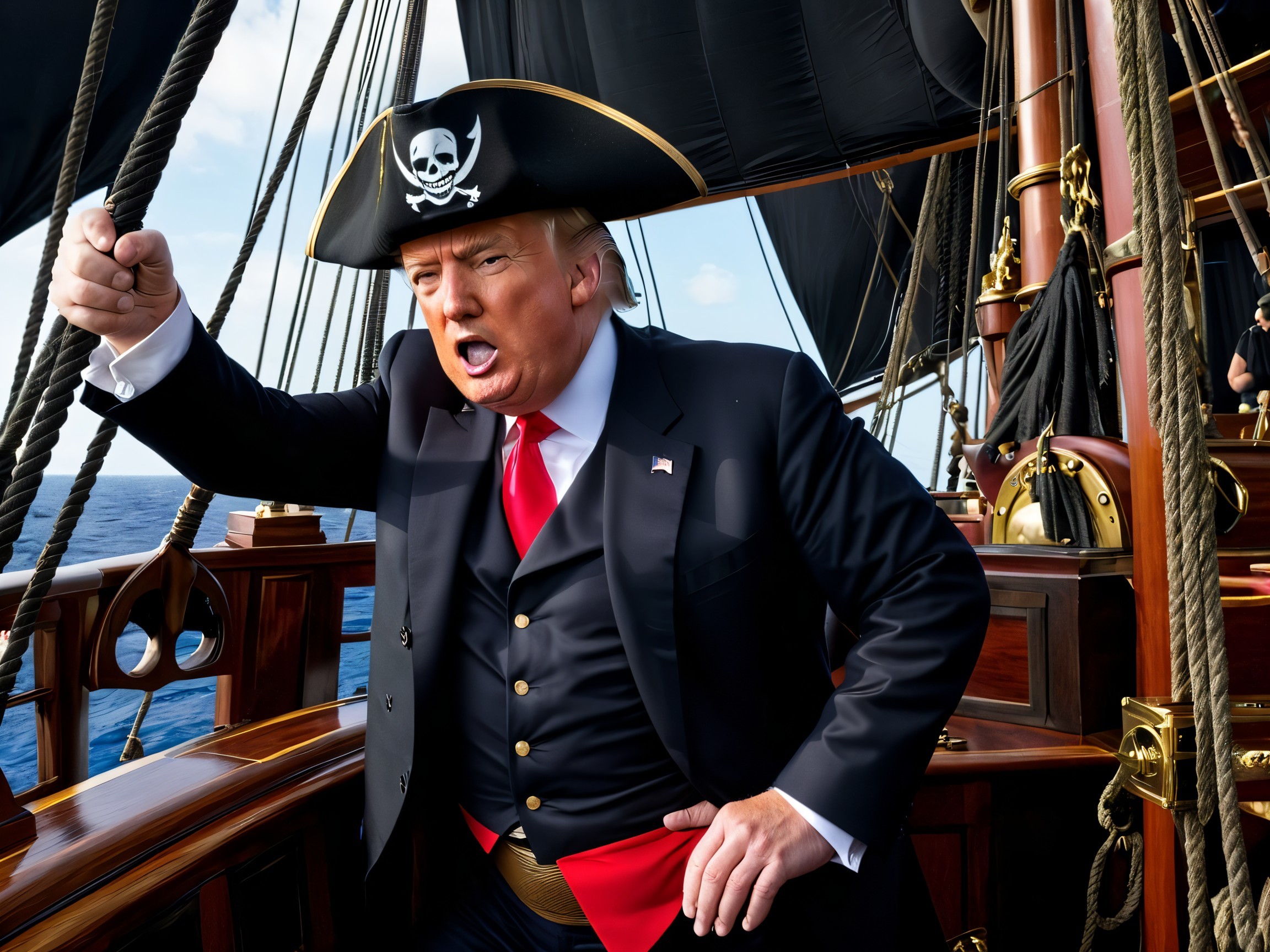 Pirate Figure on Classic Sailing Ship with Dark Sails