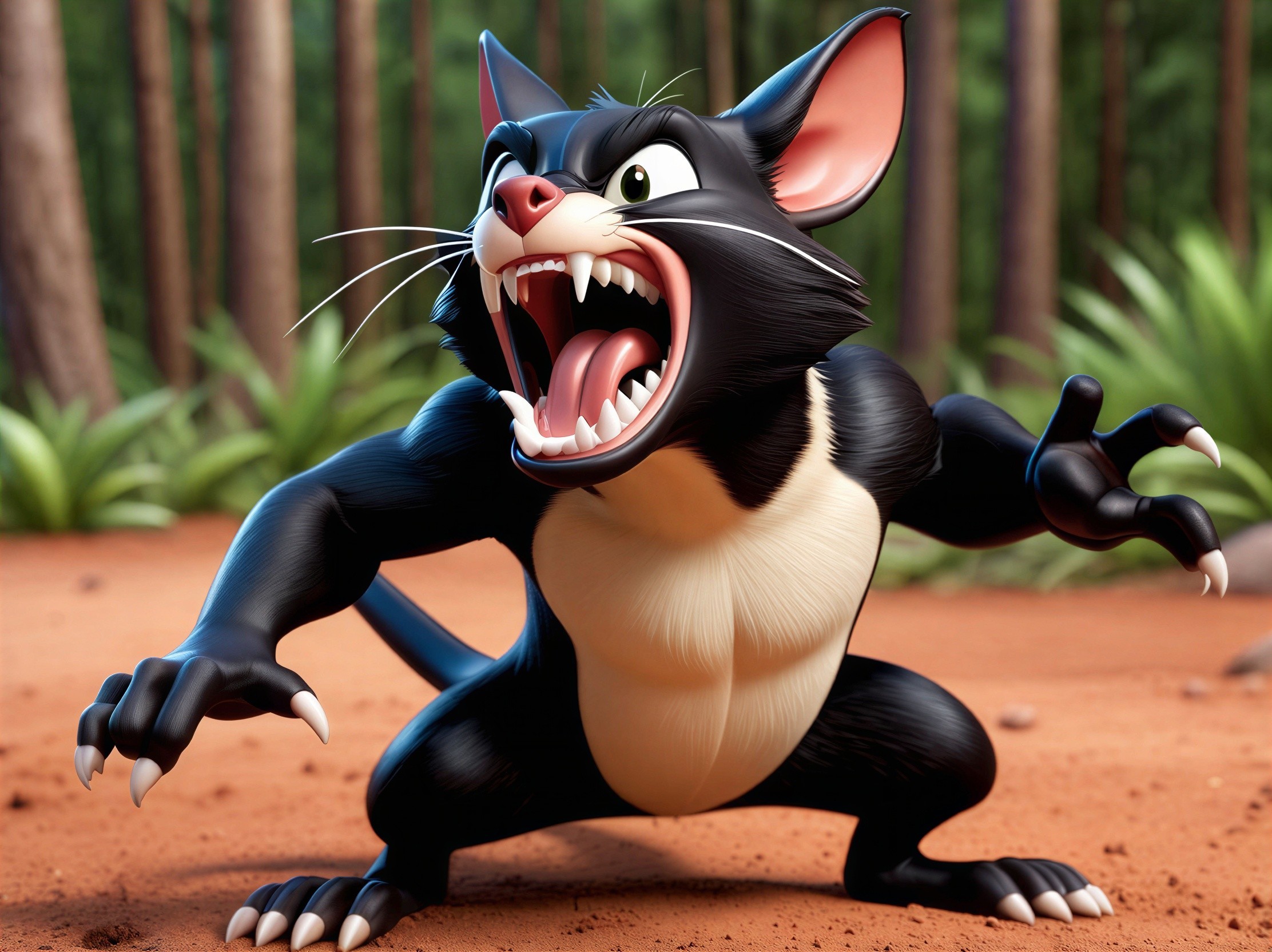 Detailed Cartoon of Black Cat in Jungle Setting