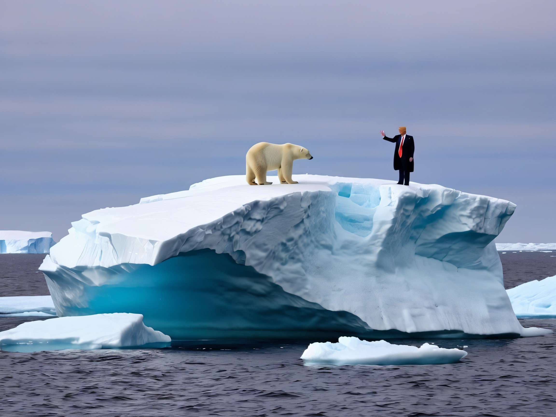 Surreal Scene of Iceberg with Figure and Polar Bear