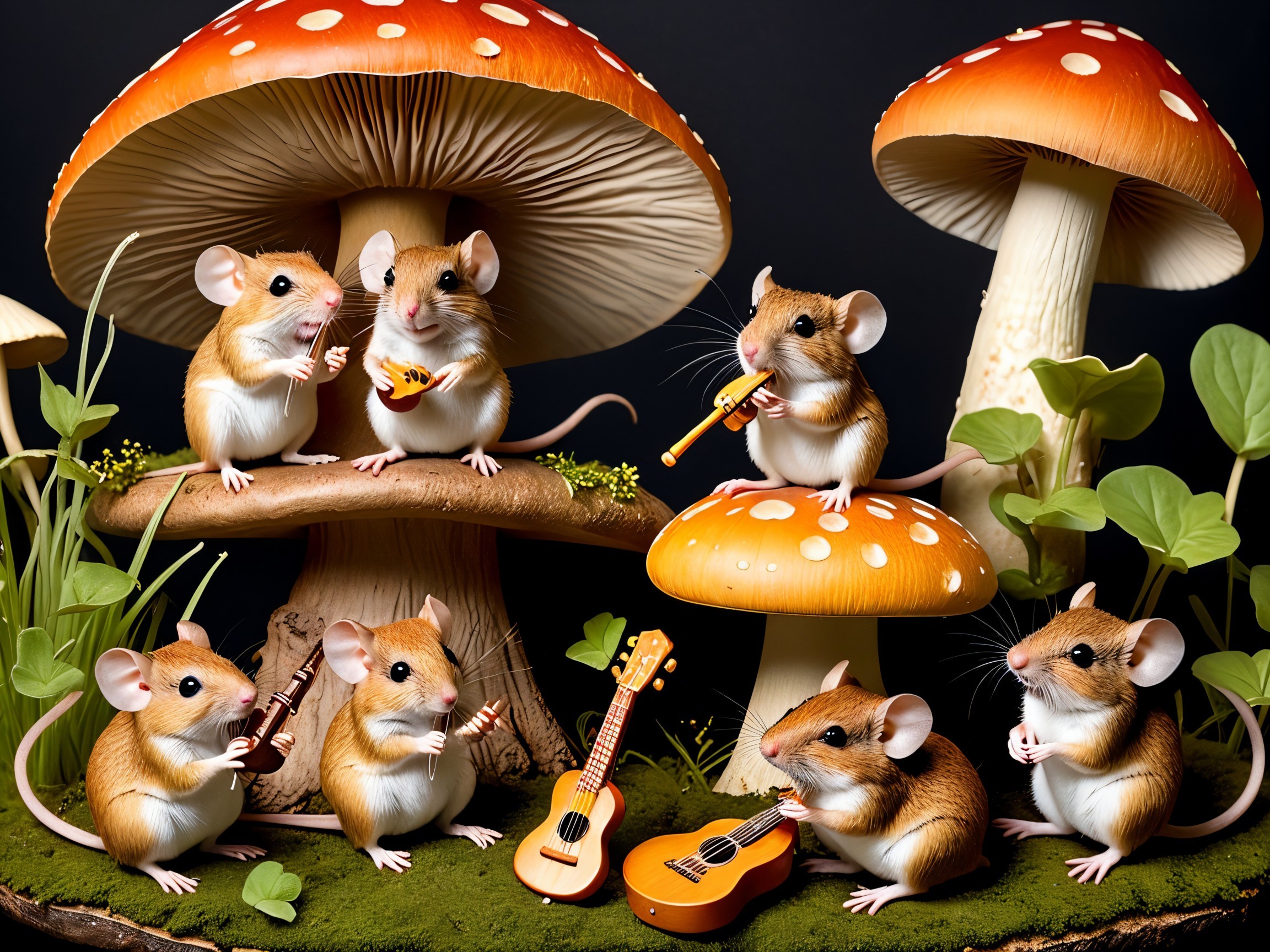 Mice Playing Instruments Among Colorful Toadstools
