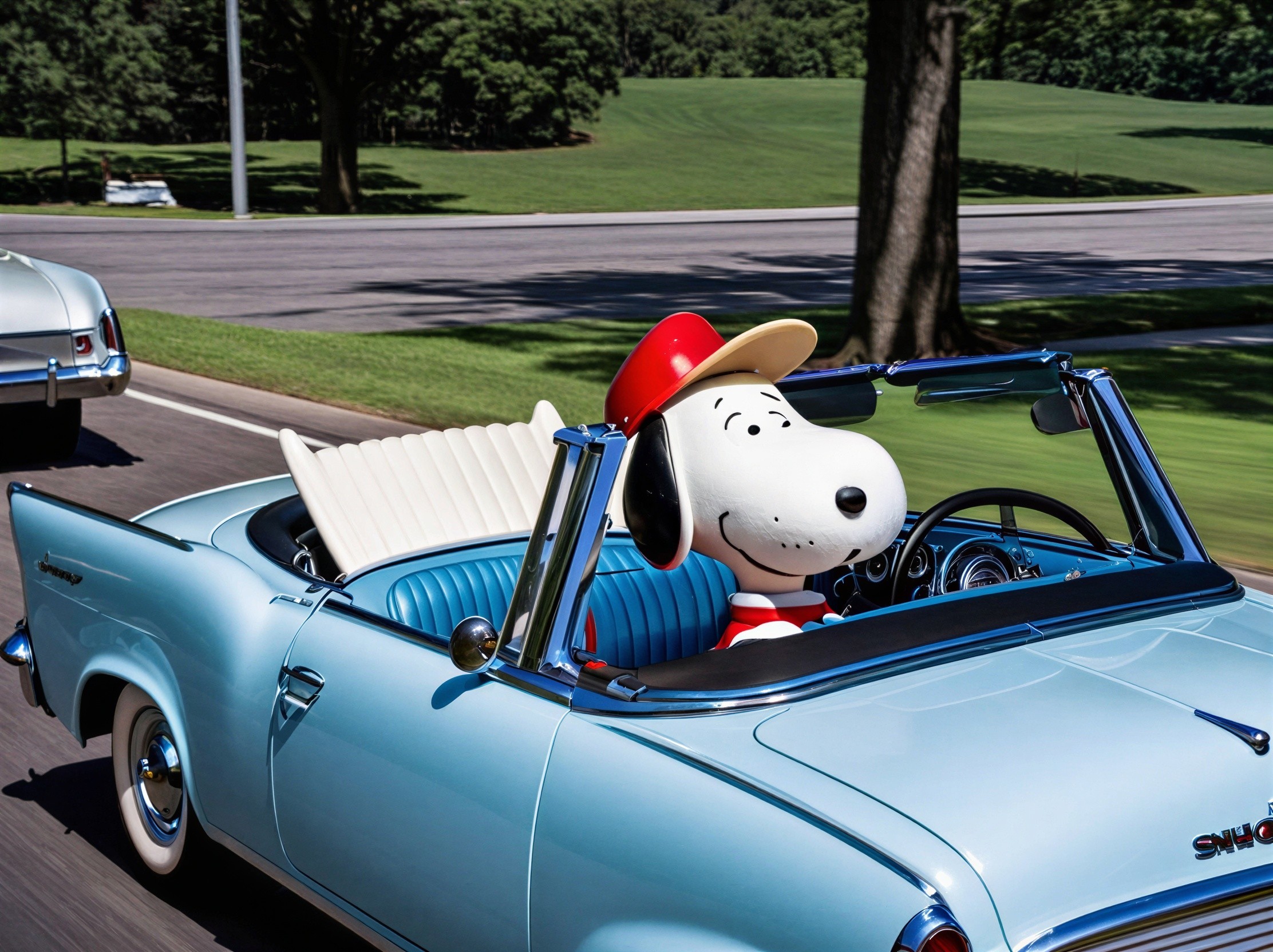 Cartoon Dog Driving Vintage Convertible on Scenic Road
