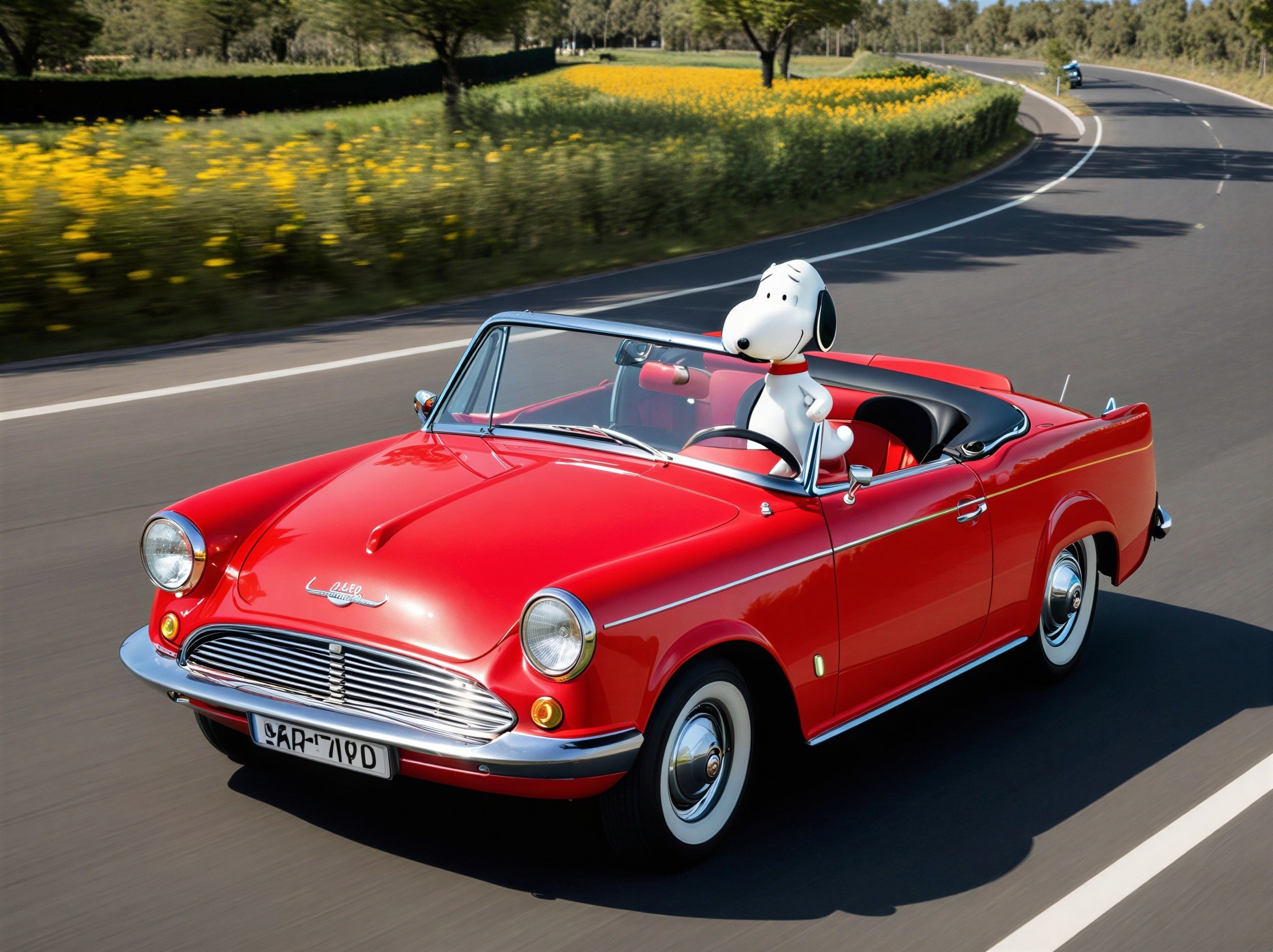 Vibrant Red Convertible with Cartoon Dog on Scenic Road