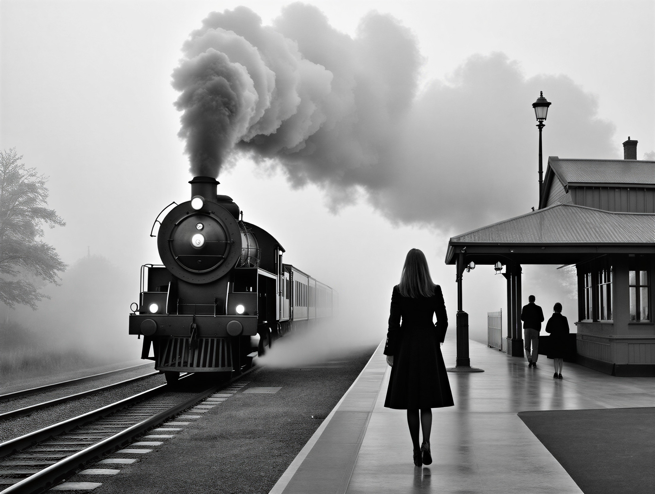 Vintage steam train at a misty station with figures
